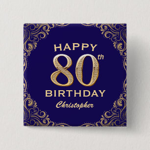 80th Birthday Party Navy Blue and Gold Glitter 2 Inch Square Button
