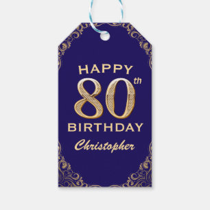 80th Birthday Party Navy Blue and Gold Glitter Gift Tags