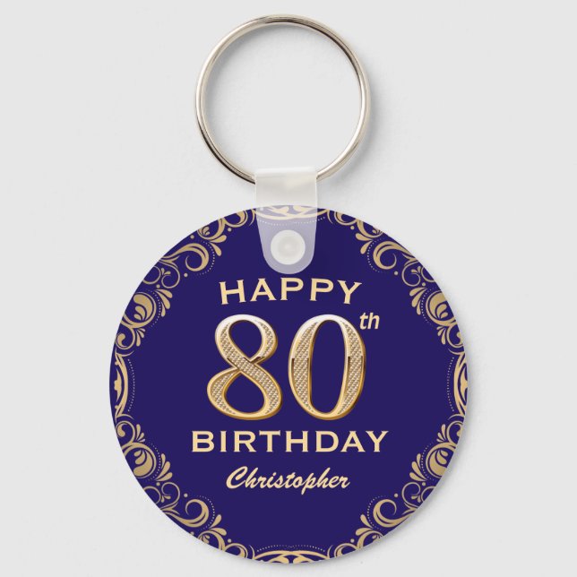 80th Birthday Party Navy Blue and Gold Glitter Keychain (Front)