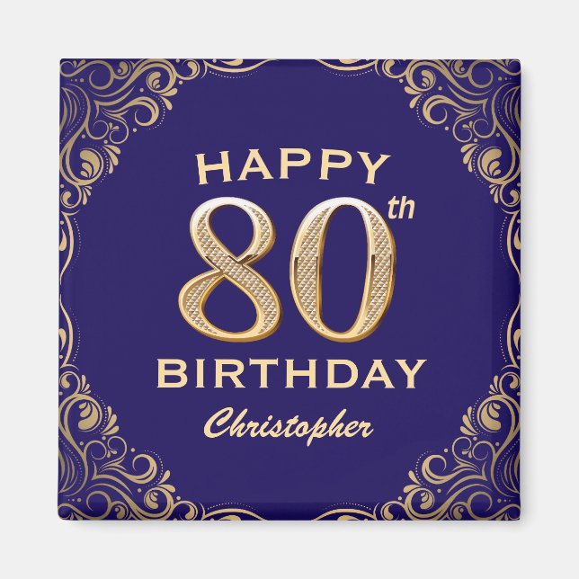 80th Birthday Party Navy Blue and Gold Glitter Magnet (Front)
