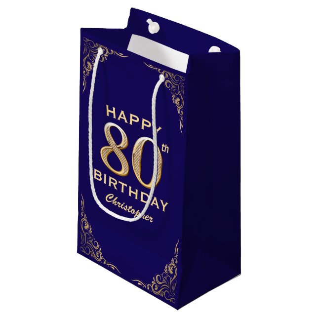 80th Birthday Party Navy Blue and Gold Glitter Small Gift Bag (Front Angled)
