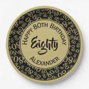 80th Birthday Party Number Pattern Gold and Black Paper Plate