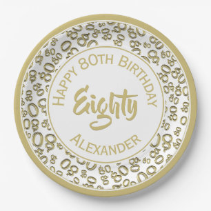 80th Birthday Party Number Pattern Gold and White Paper Plate