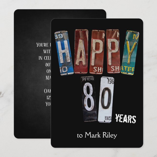 80th birthday party-old license plates invitation (Front/Back)