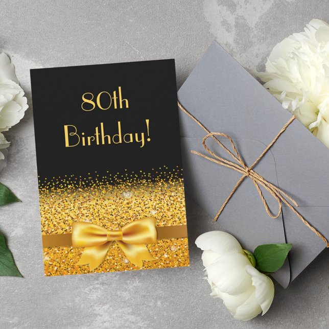 80th birthday party on black with gold bow sparkle invitation (Creator Uploaded)