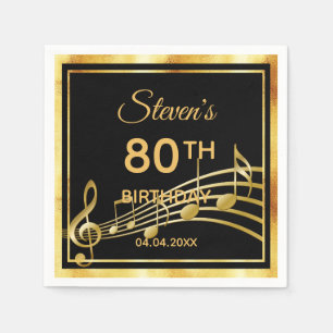 80th birthday party on classic black gold music napkin