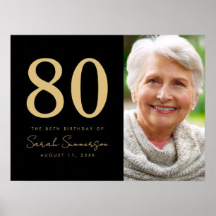 80th Birthday Party Photo Black Gold Eighty Poster