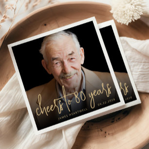 80th Birthday Party Photo Cheers Gold Script Napkin