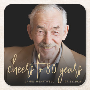 80th Birthday Party Photo Cheers Gold Script Square Paper Coaster