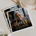 80th Birthday Party Photo Cheers Napkin<br><div class="desc">This custom 80th birthday napkin features the guest of honour's personalized photo,  name,  and birthday,  along with the word "Cheers" in elegant gold-coloured calligraphy script. A dark screen helps make the text pop. A great way to celebrate someone who's turning eighty!</div>