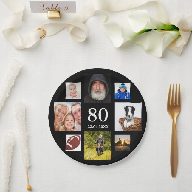 80th birthday party photo collage guy black paper plate (Wedding)