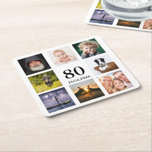 80th birthday party photo collage guy square paper coaster