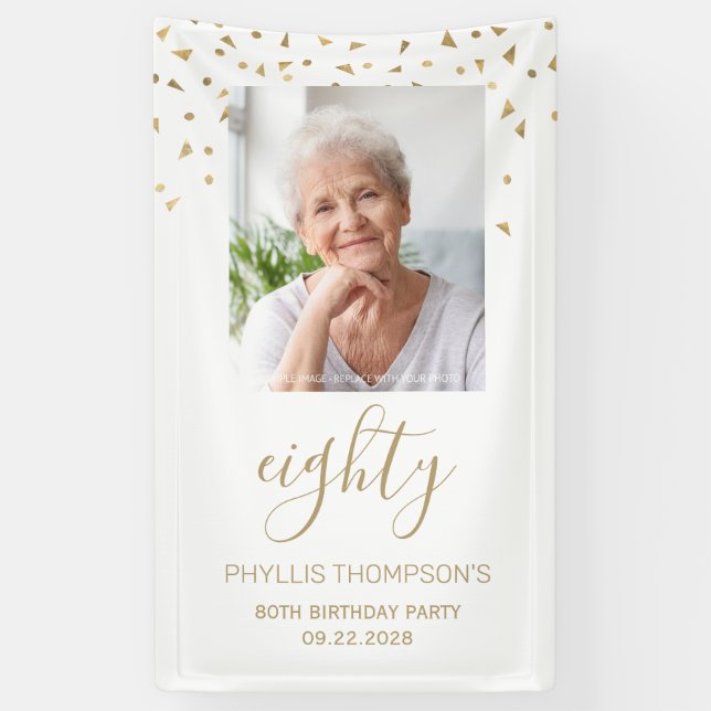80th Birthday Party Photo Gold Confetti White Banner (Vertical)