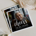 80th Birthday Party Photo White Script Cheers Napkin<br><div class="desc">This custom 80th birthday napkin features the guest of honour's personalized photo,  name,  and birthday,  along with the word "Cheers" in elegant white calligraphy script. A dark screen helps make the text pop. A great way to celebrate someone who's turning eighty!</div>