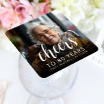 80th Birthday Party Photo White Script Cheers Square Paper Coaster<br><div class="desc">This custom 80th birthday paper coaster features the guest of honour's personalized photo,  name,  and birthday,  along with the word "Cheers" in elegant white calligraphy script. A dark screen helps make the text pop. A great way to celebrate someone who's turning eighty!</div>