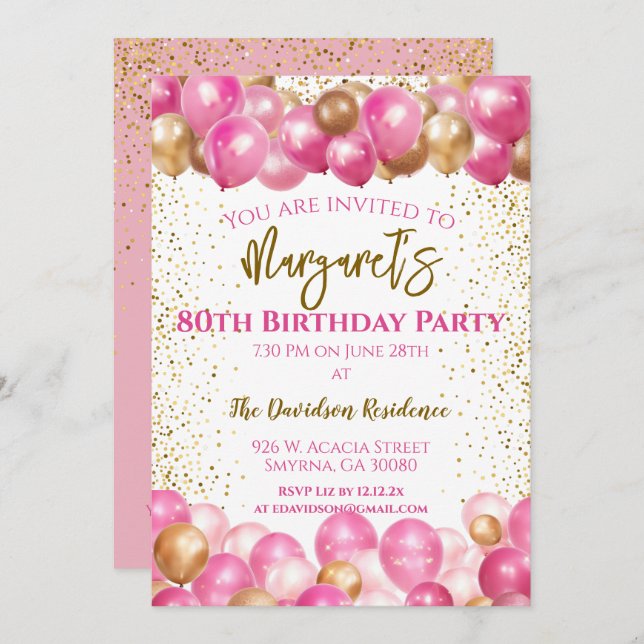 80th Birthday Party Pink Balloons Invitation (Front/Back)