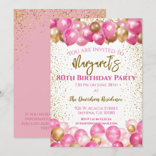 80th Birthday Party Pink Balloons Invitation