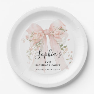 80th Birthday Party Pink Bow with Roses Custom Paper Plate