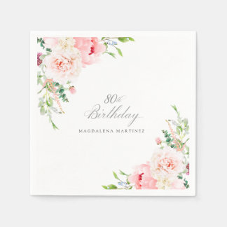 80th Birthday Party Pink Floral Custom Cocktail Napkin