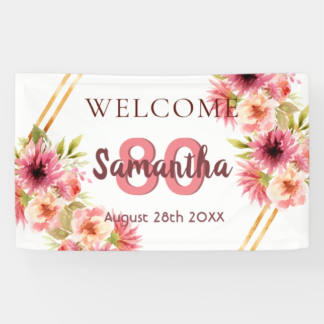 80th birthday party pink gold flowers white banner (Horizontal)