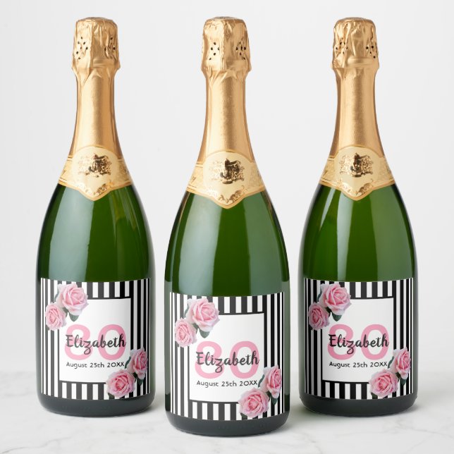 80th birthday party pink roses black white stripes sparkling wine label (Bottles)