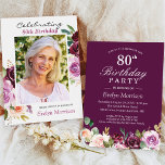 80th Birthday Party Plum Purple Blush Floral Photo Invitation<br><div class="desc">Plum Purple Blush Floral Photo 80th Birthday Party Invitation. For further customization,  please click the "customize further" link and use our design tool to modify this template. If you need help or matching items,  please contact me.</div>