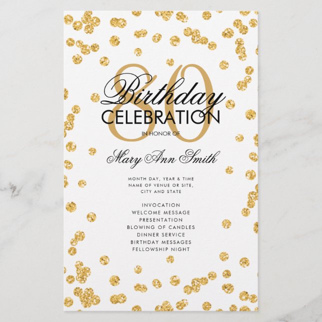 80th Birthday Party Program Gold Glitter w/ Menu (Front)