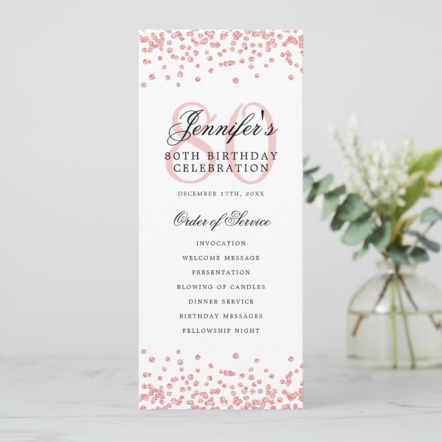 80th Birthday Party Program Rose Gold Confetti  (Standing Front)
