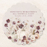 80th Birthday Party Pumpkin Wildflower Custom Paper Coaster<br><div class="desc">White Fall pumpkins are nestled in delicate burgundy red wildflowers to create an elegant aesthetic. All of the text is editable so you can easily craft your own special mood.</div>