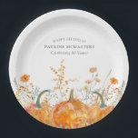 80th Birthday Party Pumpkin Wildflower Custom Paper Plate<br><div class="desc">Fall pumpkins are nestled in delicate golden yellow and orange wildflowers to create an elegant aesthetic. All of the text is editable so you can easily craft your own special mood.</div>