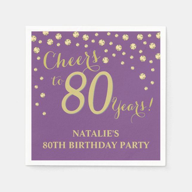 80th Birthday Party Purple and Gold Diamond Napkin (Front)