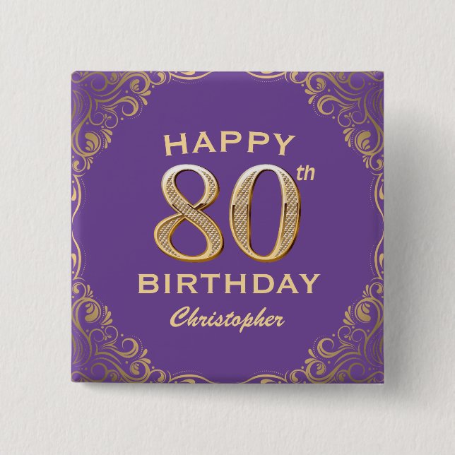 80th Birthday Party Purple and Gold Glitter Frame 2 Inch Square Button (Front)