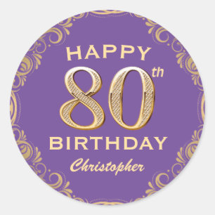 80th Birthday Party Purple and Gold Glitter Frame Classic Round Sticker