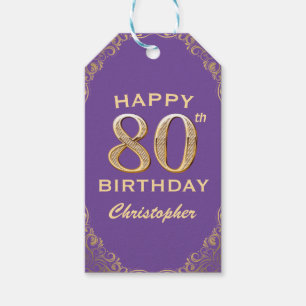 80th Birthday Party Purple and Gold Glitter Frame Gift Tags