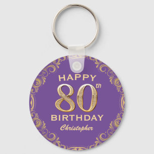 80th Birthday Party Purple and Gold Glitter Frame Keychain