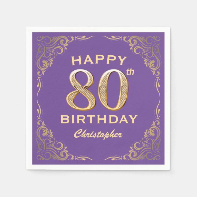 80th Birthday Party Purple and Gold Glitter Frame Napkin (Front)