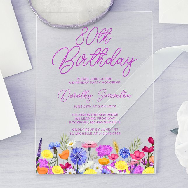 80th Birthday Party Purple Boho Wildflower Acrylic Invitations (Creator Uploaded)