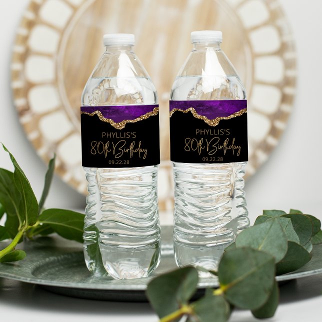 80th Birthday Party Purple Gold Agate Water Bottle Label (Creator Uploaded)