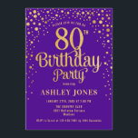 80th Birthday Party - Purple & Gold Invitation<br><div class="desc">80th Birthday Party Invitation.
Elegant design in royal purple and faux glitter gold. Features stylish script font and confetti. Message me if you need custom age.</div>
