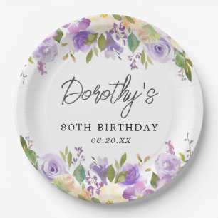 80th Birthday Party Purple Rose Floral Custom Paper Plate