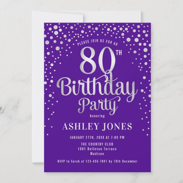 80th Birthday Party - Purple & Silver Invitation (Front)