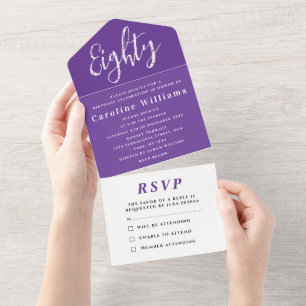 80th Birthday Party Purple Simple Modern All In One Invitation