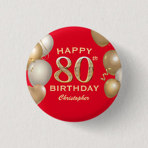 80th Birthday Party Red and Gold Balloons 1 Inch Round Button