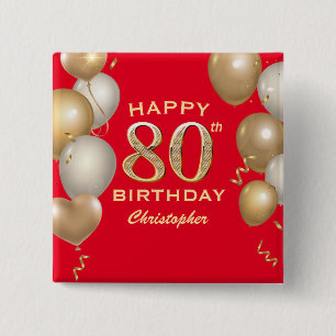 80th Birthday Party Red and Gold Balloons 2 Inch Square Button