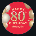 80th Birthday Party Red and Gold Balloons Classic Round Sticker<br><div class="desc">80th Birthday Party Red and Gold Balloons and Confetti Sticker. For further customization,  please click the "Customize it" button and use our design tool to modify this template.</div>