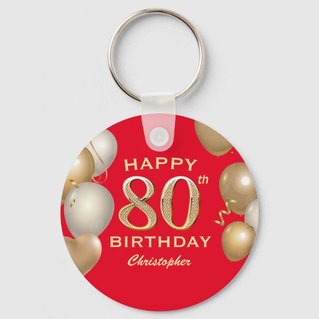80th Birthday Party Red and Gold Balloons Keychain (Front)
