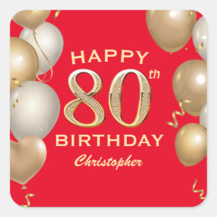 80th Birthday Party Red and Gold Balloons Square Sticker