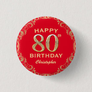 80th Birthday Party Red and Gold Glitter Frame 1 Inch Round Button