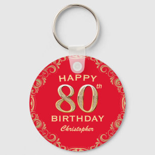 80th Birthday Party Red and Gold Glitter Frame Keychain
