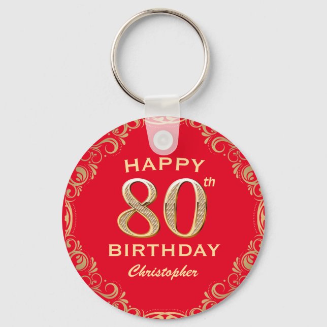 80th Birthday Party Red and Gold Glitter Frame Keychain (Front)